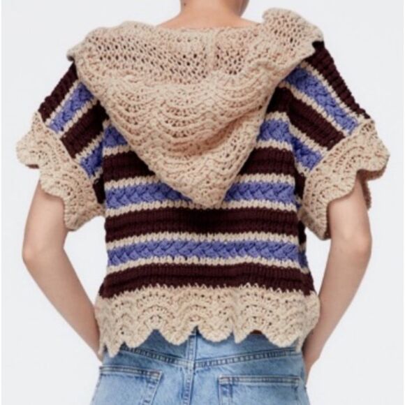 Zara Crochet Sweater Stripe Knit Short Sleeve Hooded V Neck Top Tan Blue Small - Picture 3 of 10